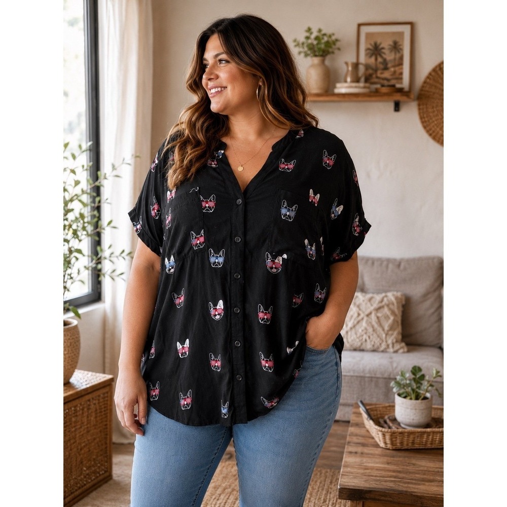 Torrid Size 3 Black French Bulldog Print Button Front Rayon Blouse Plus Size